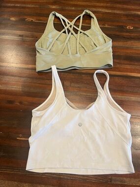 Lululemon Strappy Olive Sports Bra + White Cropped Tank Duo size 8